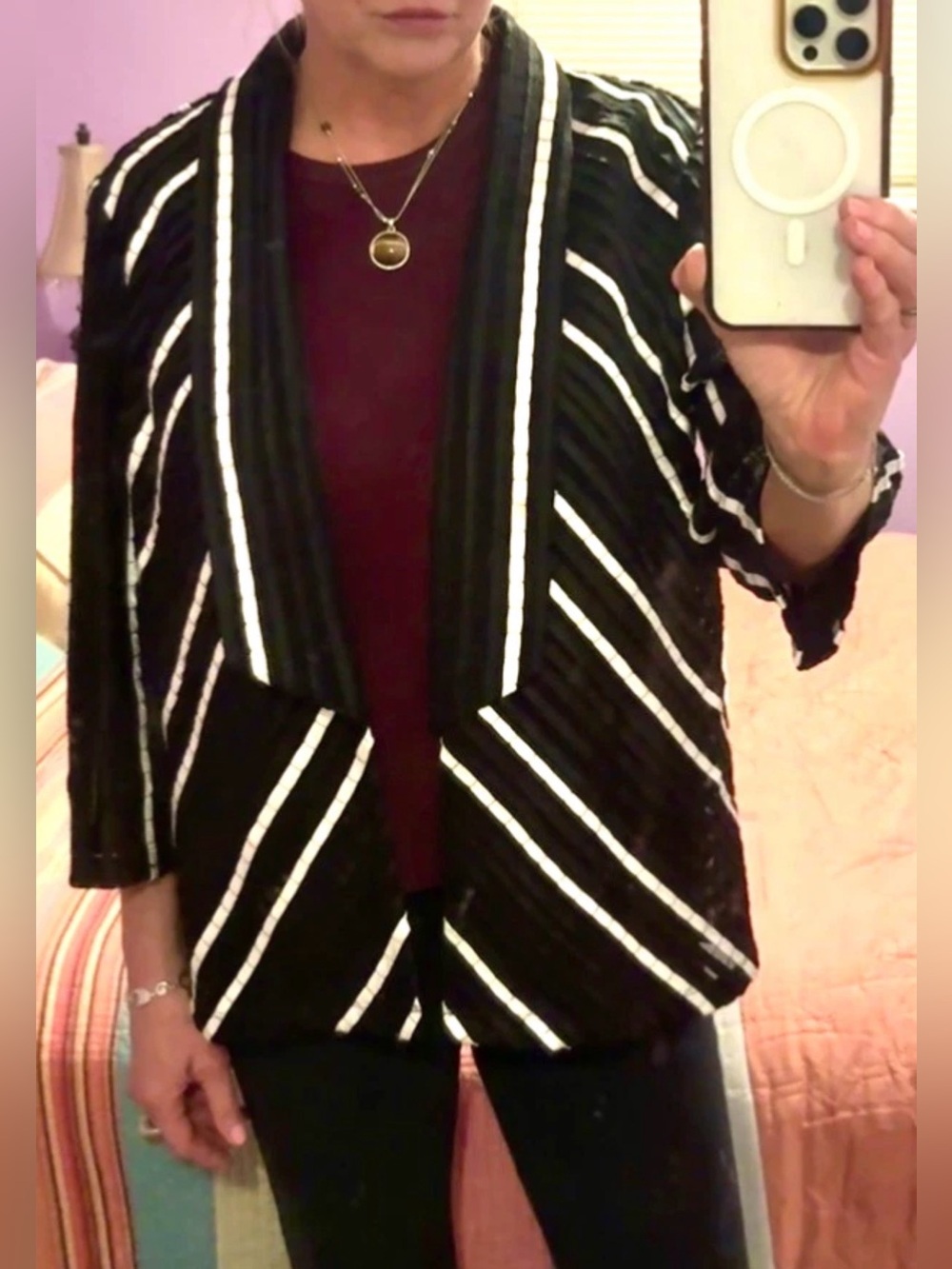 🖤CHICO’S🖤 TUXEDO STYLE “AURORA STRIP” RIBBON OVER MESH 3/4 SLEEVE JACKET